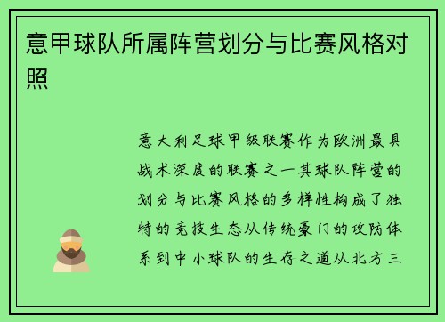 意甲球队所属阵营划分与比赛风格对照